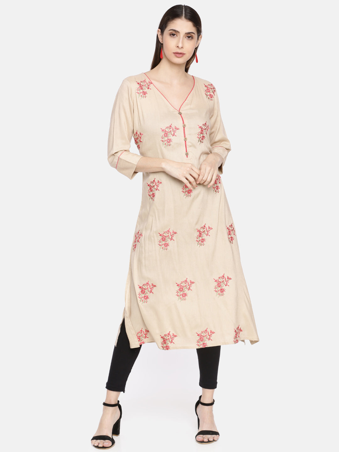 Neerus Beige rayon embroidered A-Line kurta - front view