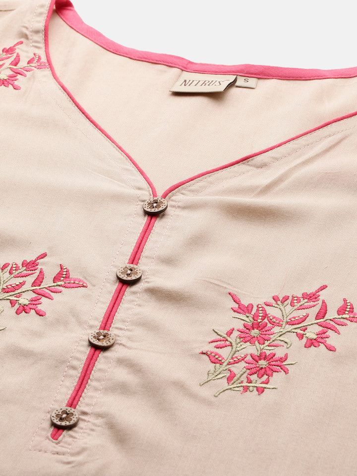 Neerus Beige rayon embroidered A-Line kurta - back view
