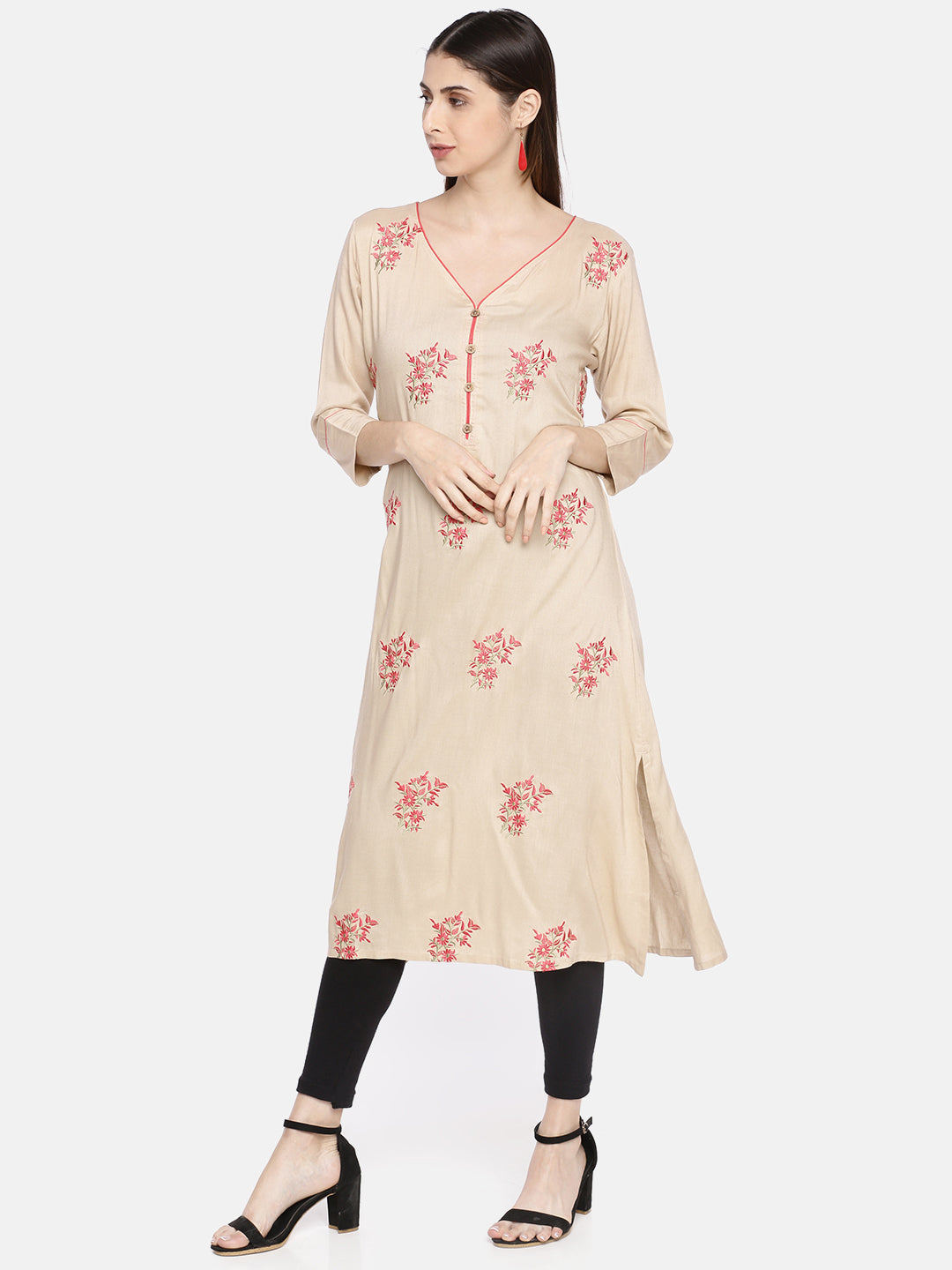 Neerus Beige rayon embroidered A-Line kurta - side view