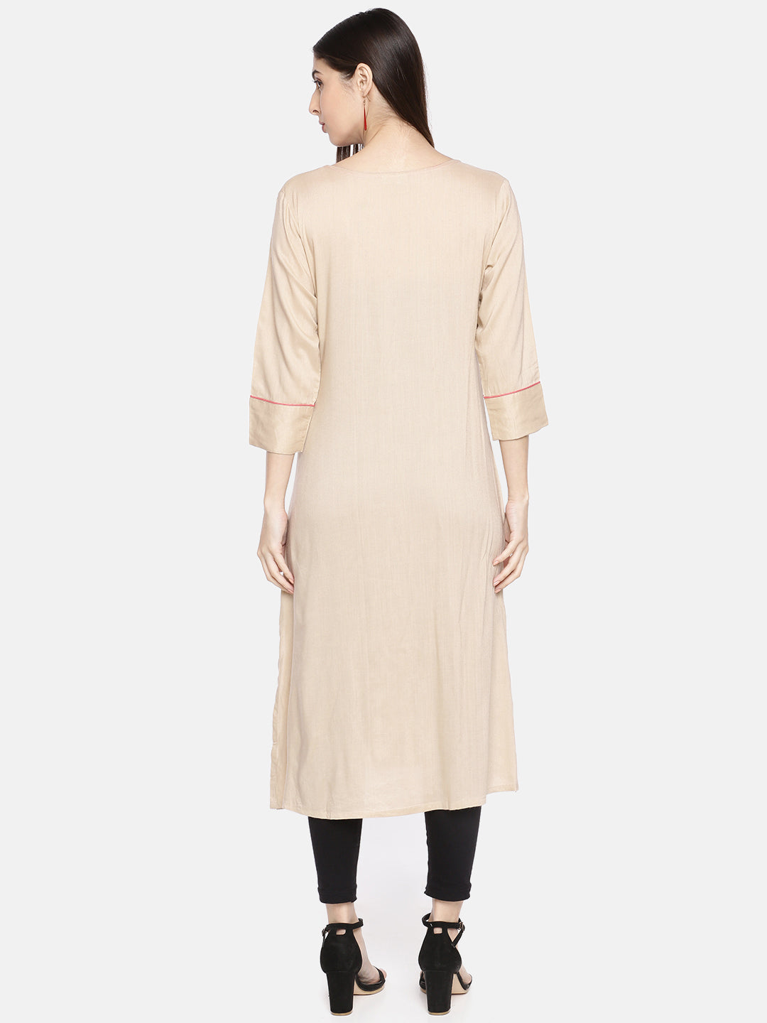 Neerus Beige rayon embroidered A-Line kurta - detail view 1