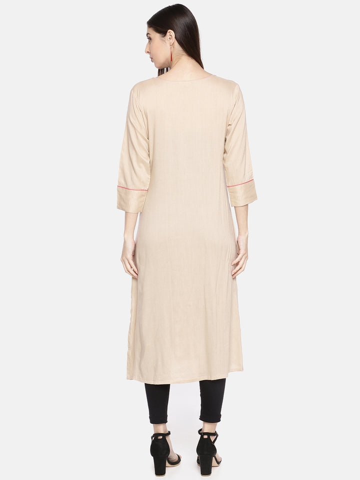 Neerus Beige rayon embroidered A-Line kurta - detail view 1