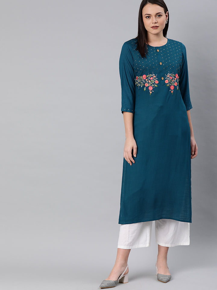Neerus Green rayon embroidered straight kurta - front view