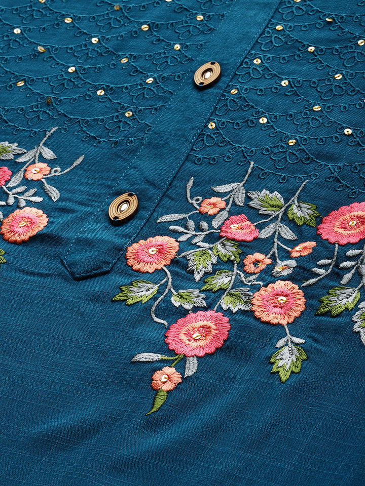 Neerus Green rayon embroidered straight kurta - back view
