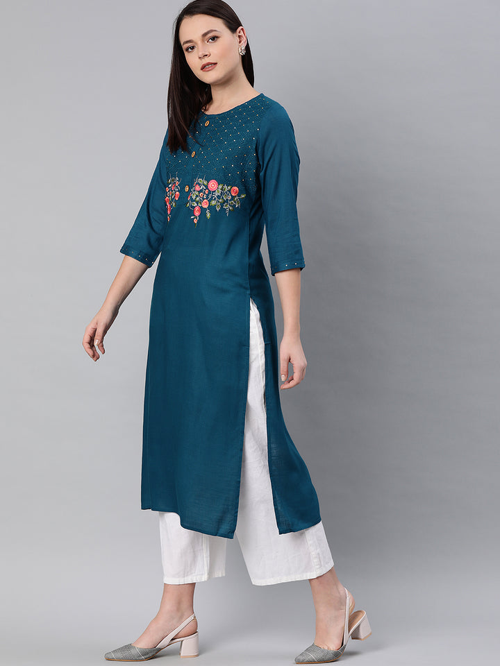 Neerus Green rayon embroidered straight kurta - side view