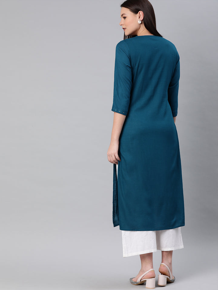 Neerus Green rayon embroidered straight kurta - detail view 1
