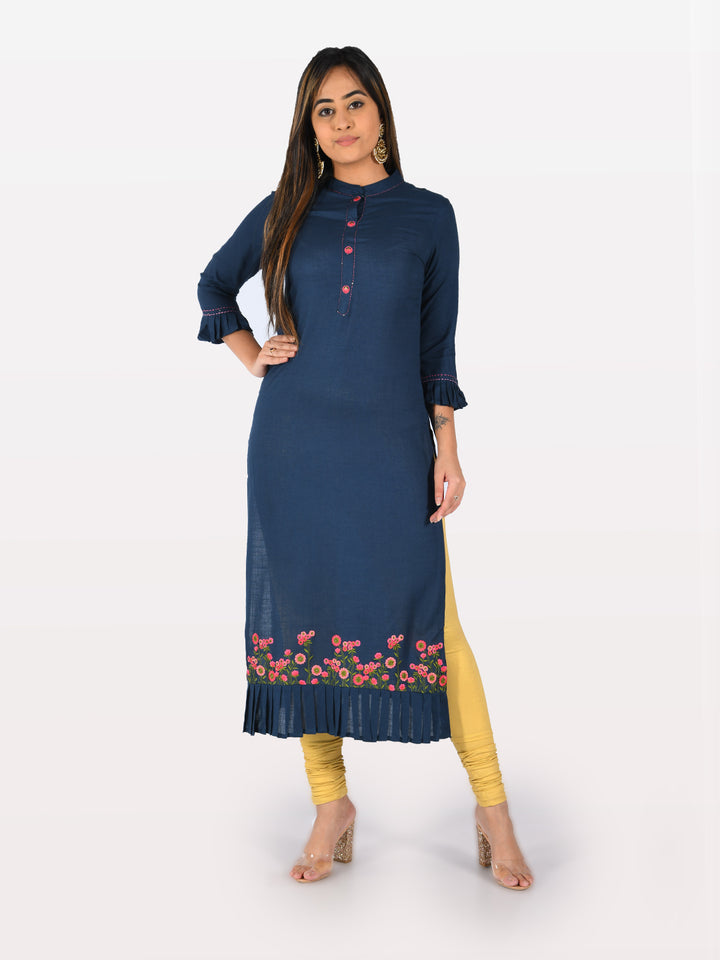 Neerus Blue rayon printed straight kurta - detail view 3
