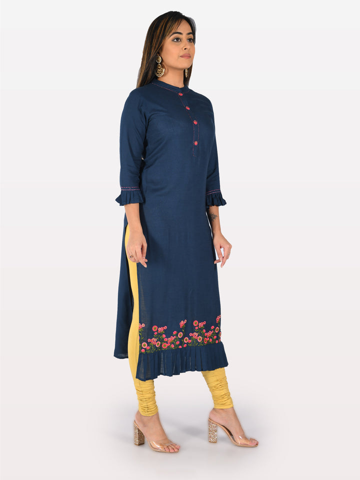 Neerus Blue rayon printed straight kurta - front view