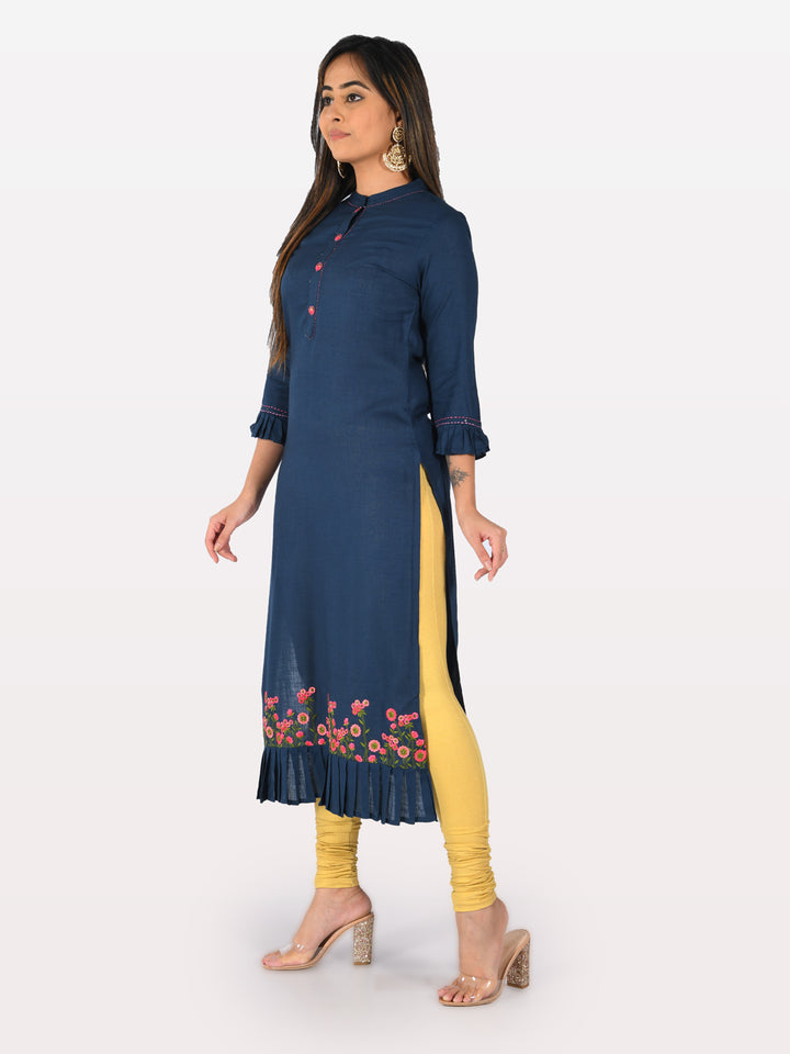 Neerus Blue rayon printed straight kurta - back view