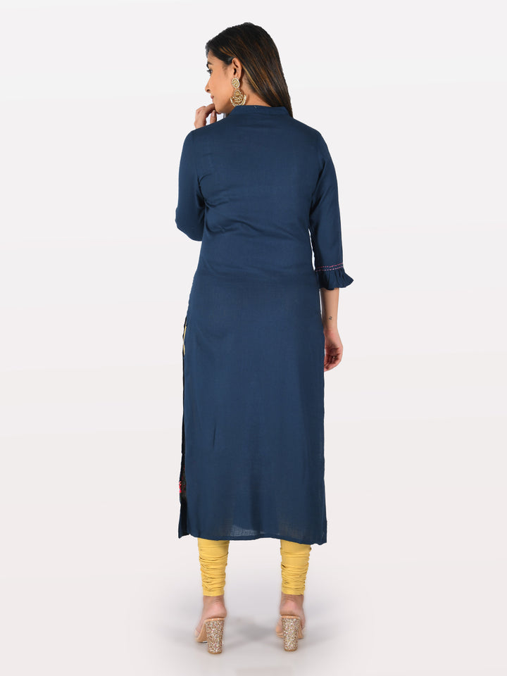 Neerus Blue rayon printed straight kurta - detail view 1