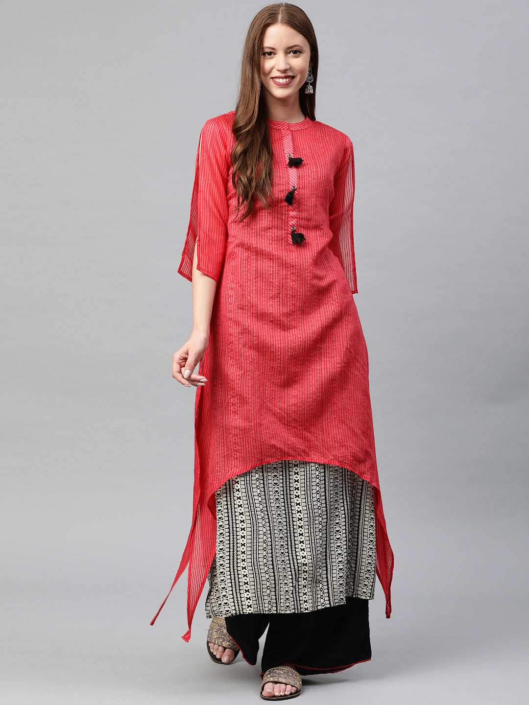 Neerus Red Chanderi woven striped A-Line kurti - front view