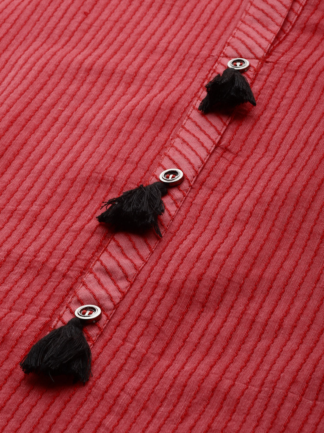 Neerus Red Chanderi woven striped A-Line kurti - back view