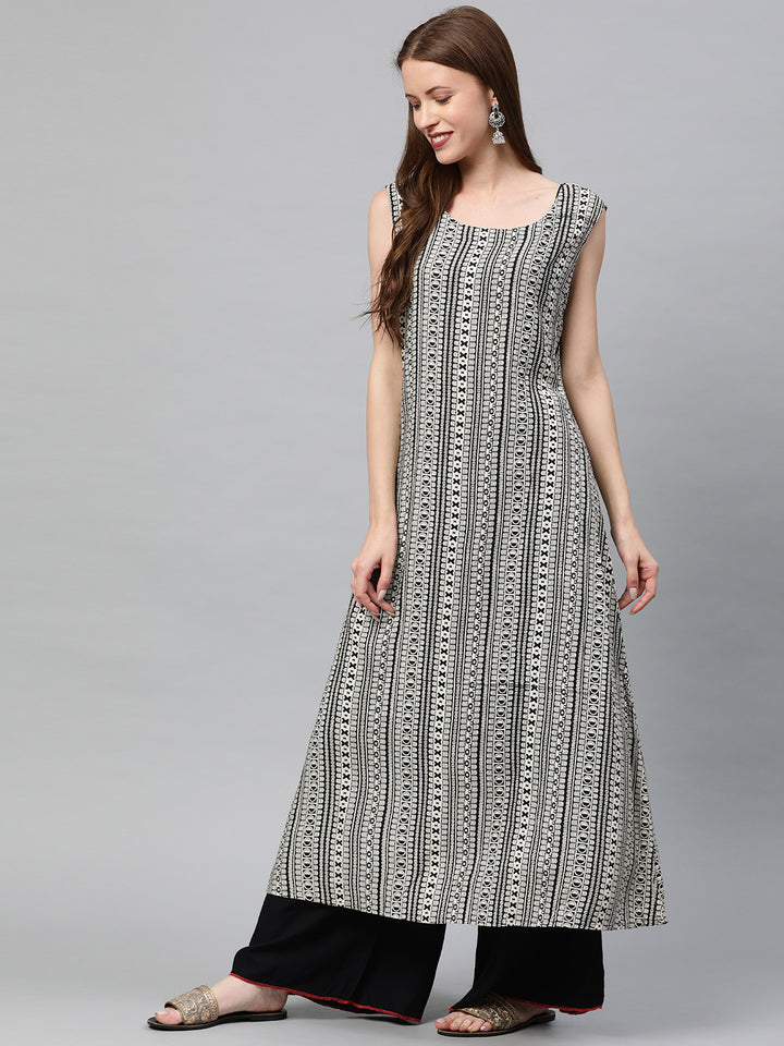 Neerus Red Chanderi woven striped A-Line kurti - detail view 1