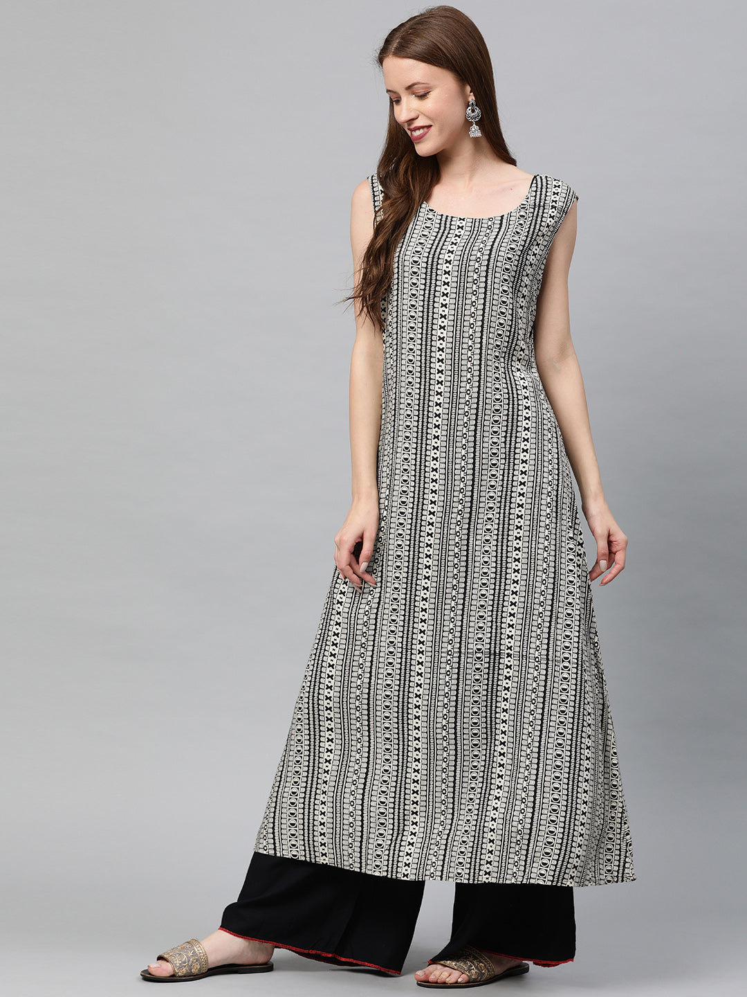 Neerus Women Red  Off-White Self Striped Chanderi Silk A-Line Layered Kurta