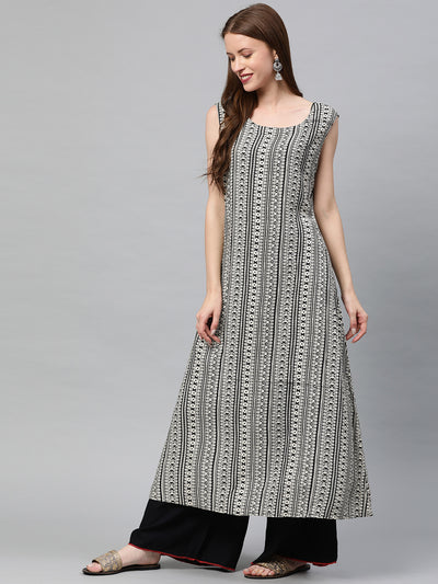 Neerus Women Red  Off-White Self Striped Chanderi Silk A-Line Layered Kurta