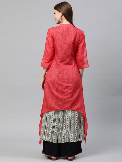 Neerus Women Red  Off-White Self Striped Chanderi Silk A-Line Layered Kurta