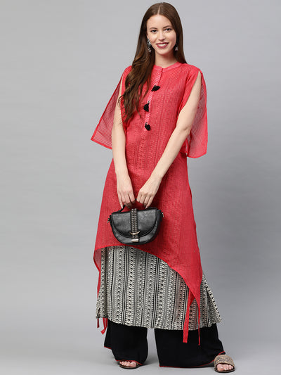 Neerus Women Red  Off-White Self Striped Chanderi Silk A-Line Layered Kurta