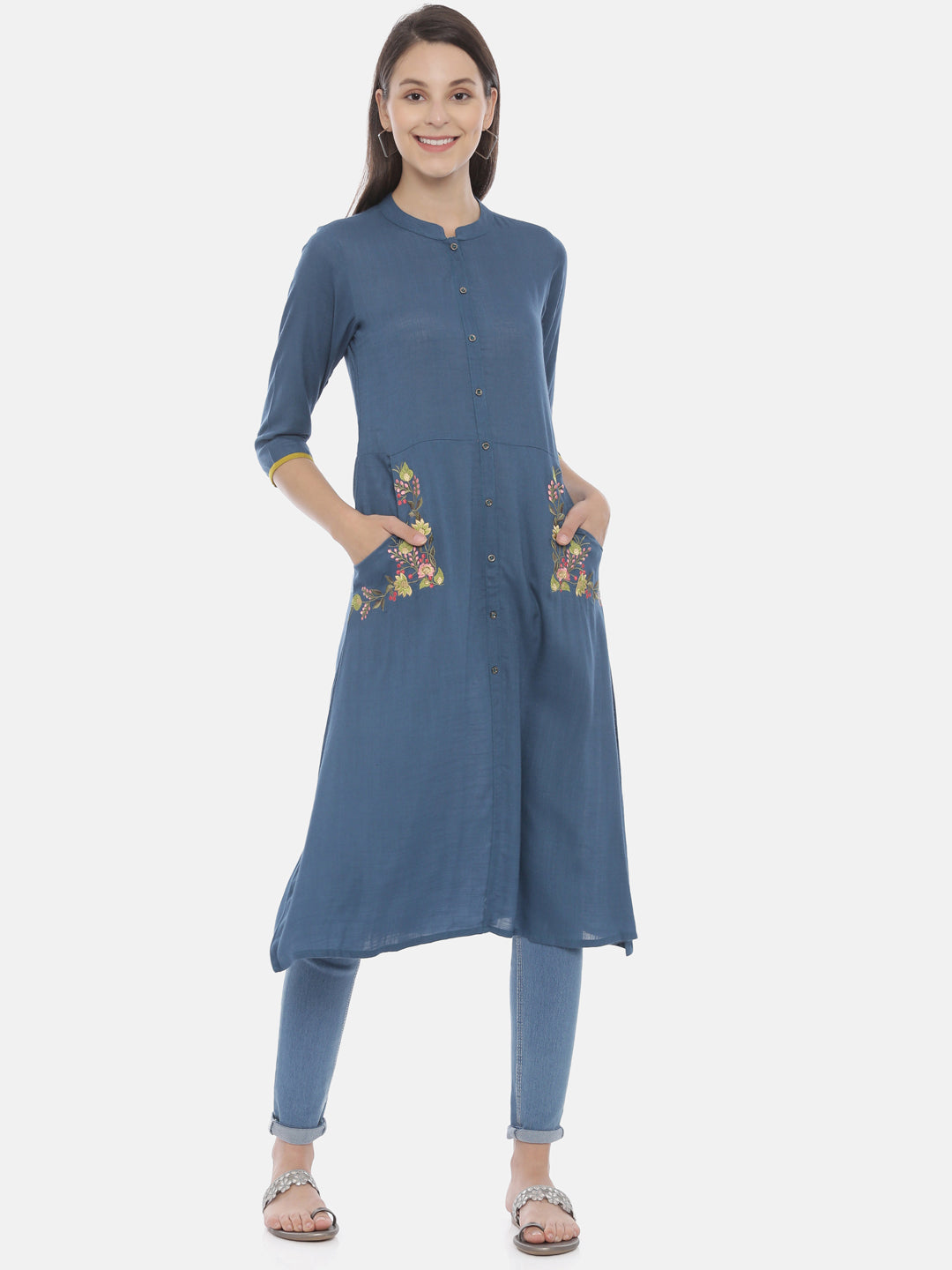 Neerus Blue Embroidered A Line Kurta
