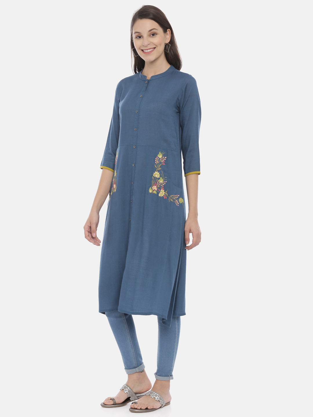 Neerus Blue Embroidered A Line Kurta