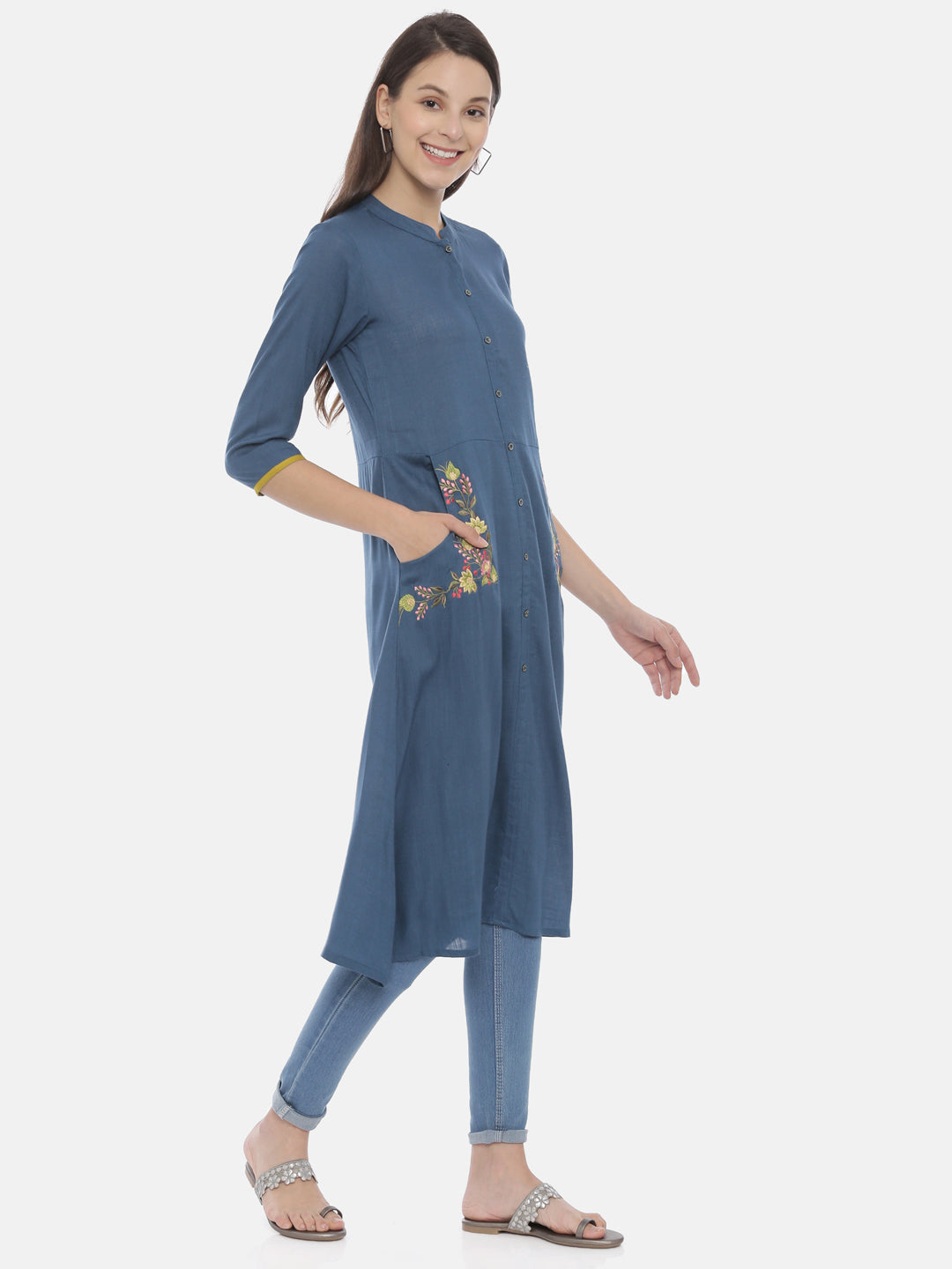 Neerus Blue Embroidered A Line Kurta
