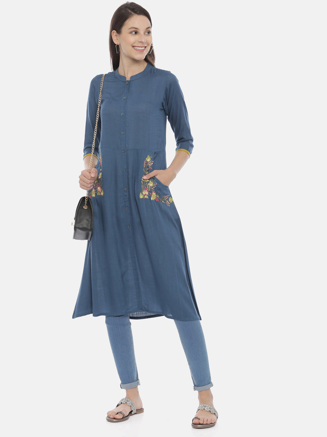 Neerus Blue Embroidered A Line Kurta