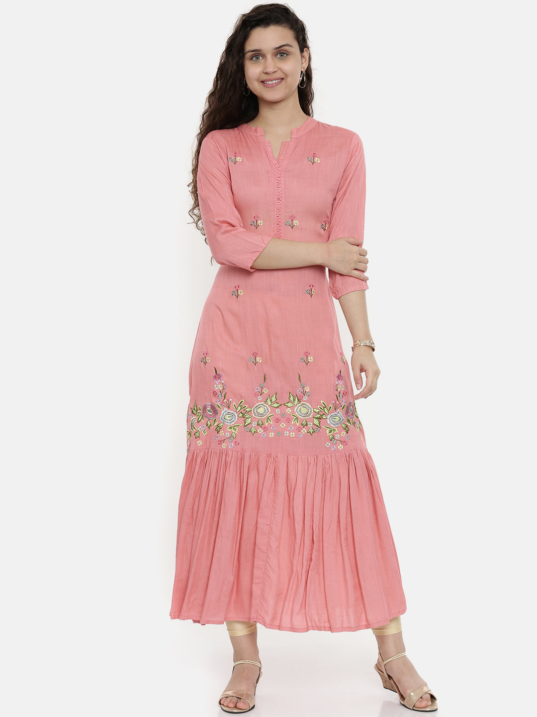 Neerus Women Pink Embroidered Straight Kurta