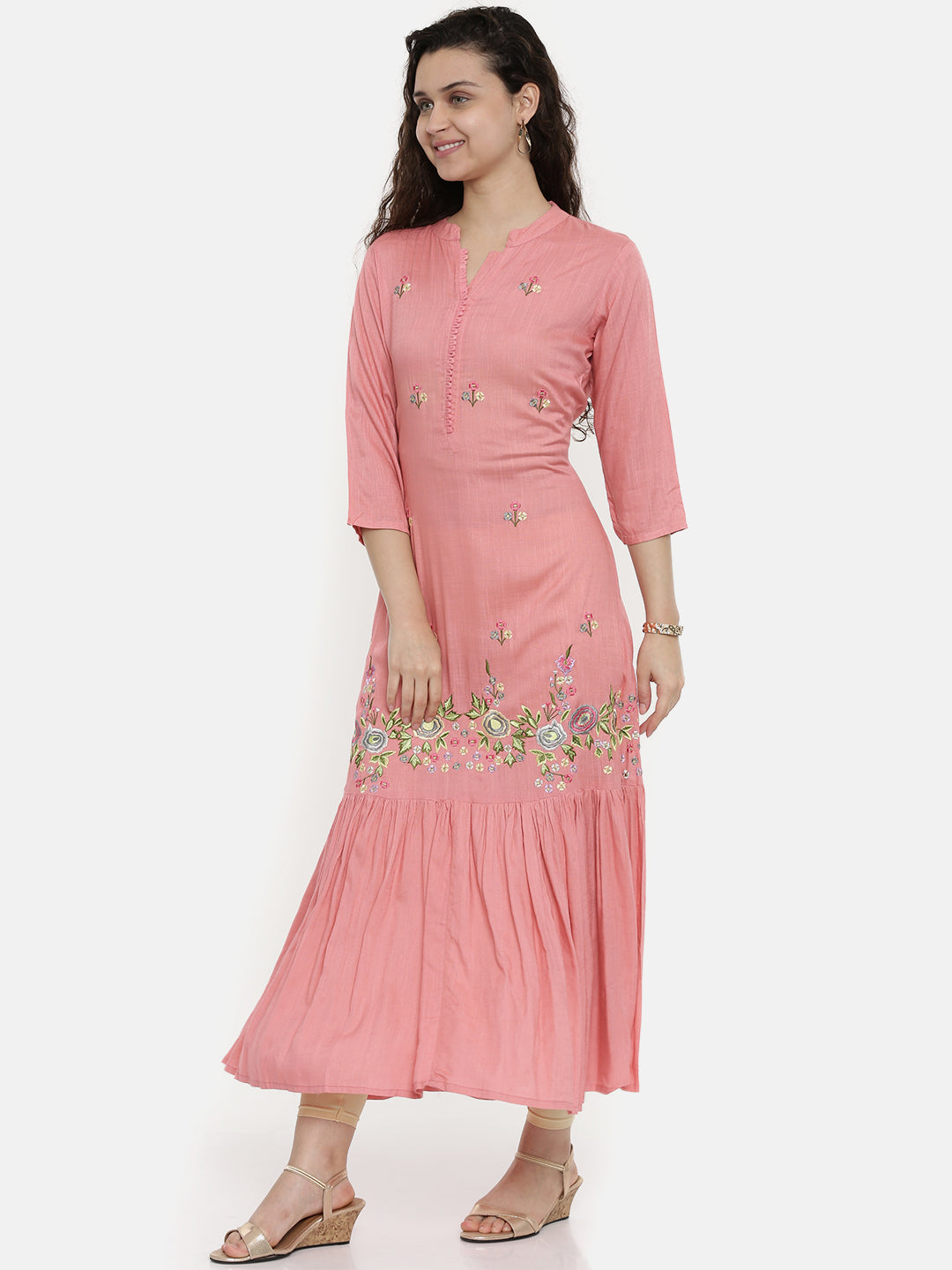 Neerus Women Pink Embroidered Straight Kurta