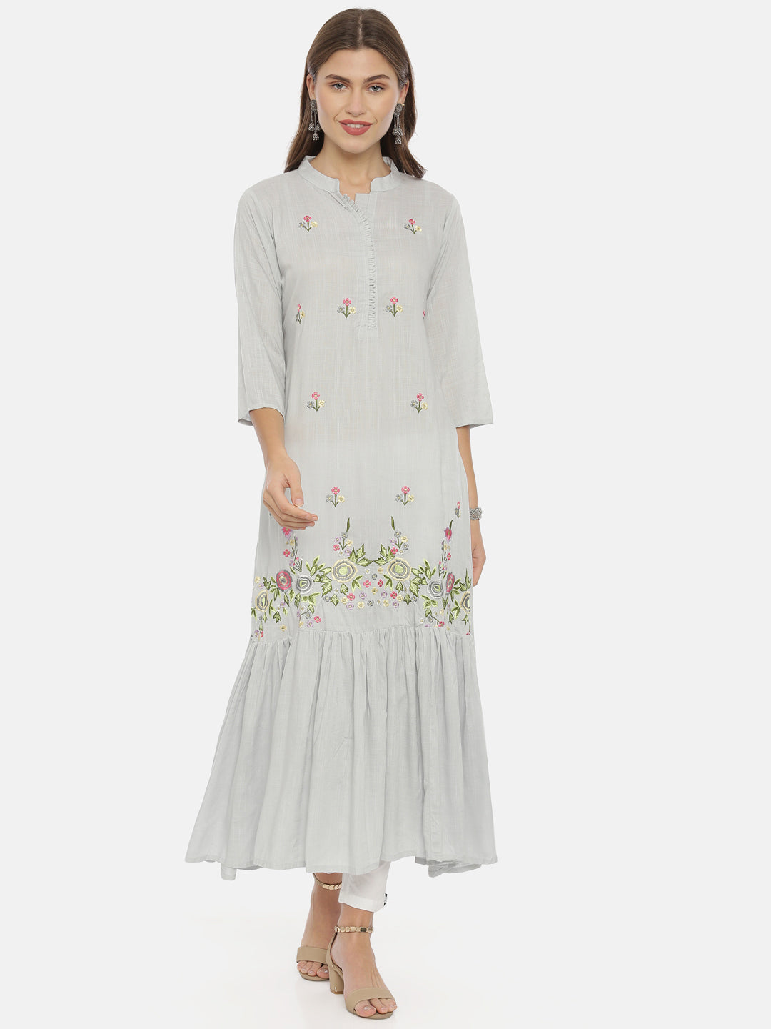 Neerus Grey rayon solid tunic dress - front view