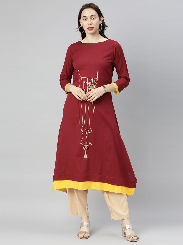 Neerus Maroon Embroidered A Line Kurta