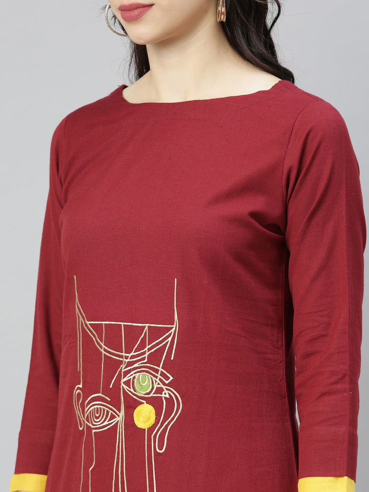 Neerus Maroon Embroidered A Line Kurta