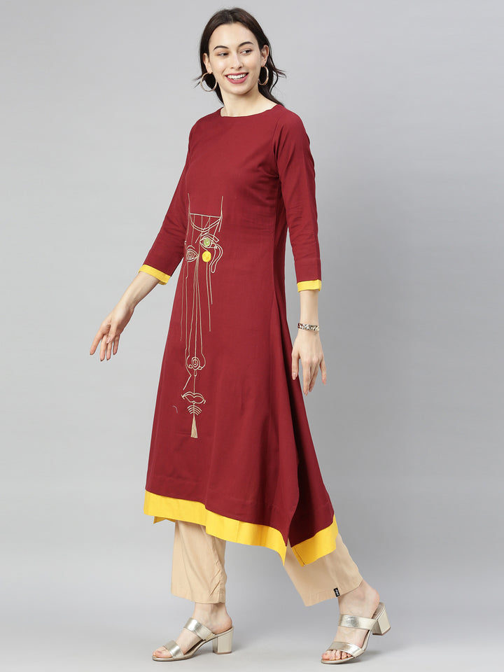 Neerus Maroon Embroidered A Line Kurta