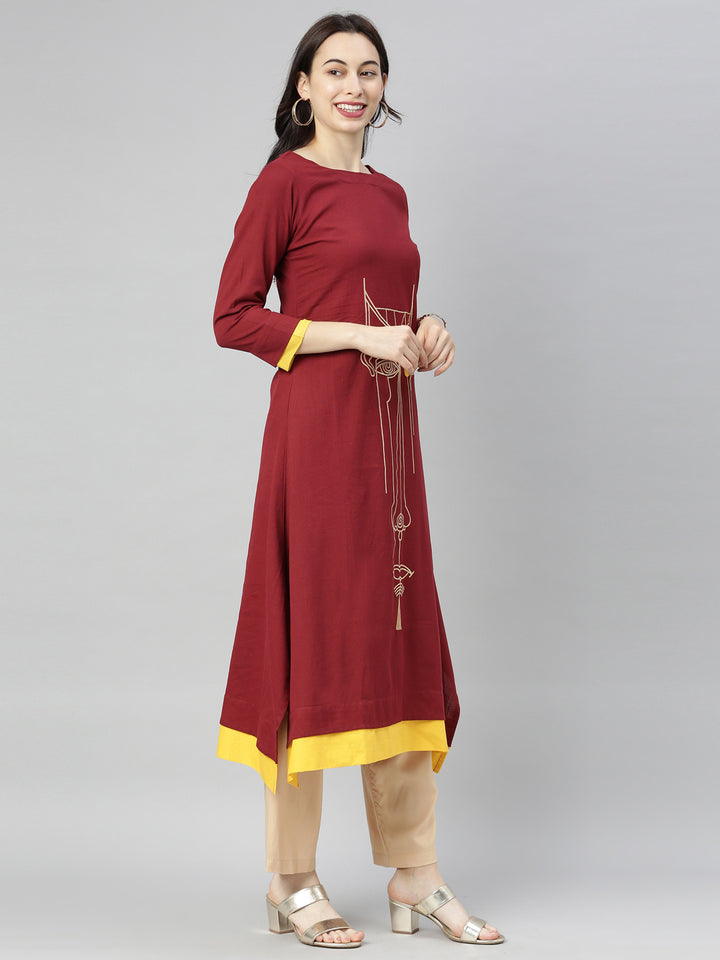 Neerus Maroon Embroidered A Line Kurta