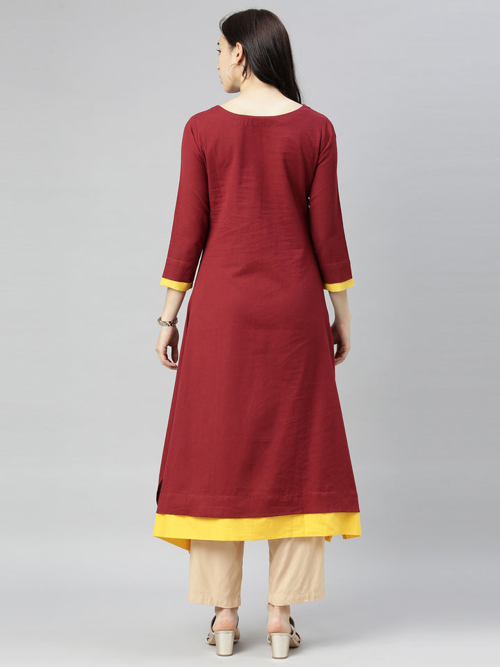 Neerus Maroon Embroidered A Line Kurta