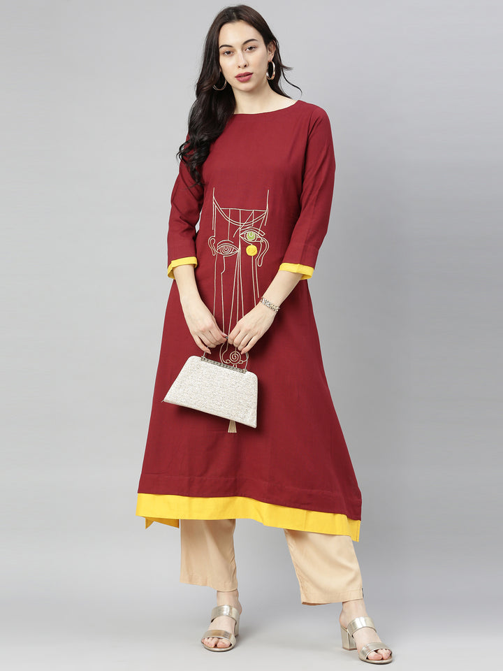 Neerus Maroon Embroidered A Line Kurta