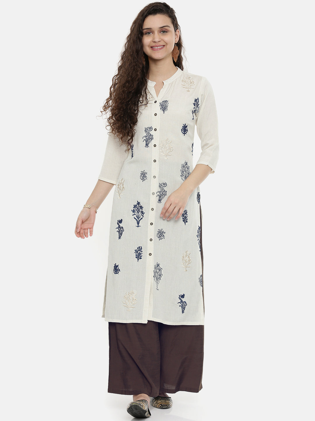 Neerus White cotton printed straight kurta - front view
