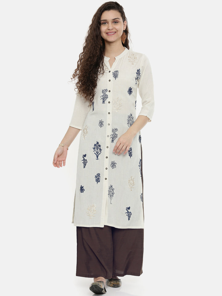 Neerus White cotton printed straight kurta - front view