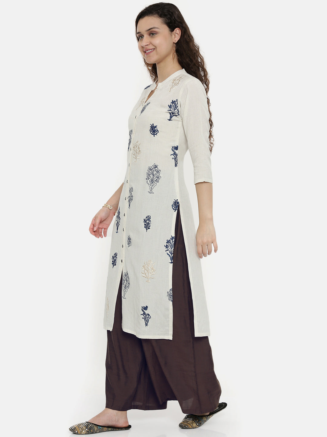 Neerus White cotton printed straight kurta - side view