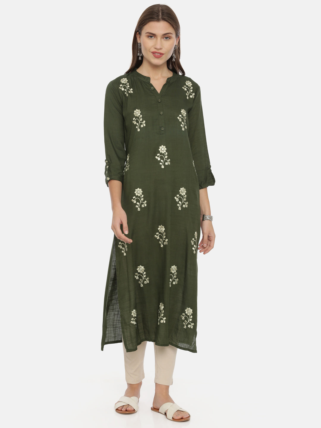 Neerus Green Rayon Embroidered Straight Kurta - front view