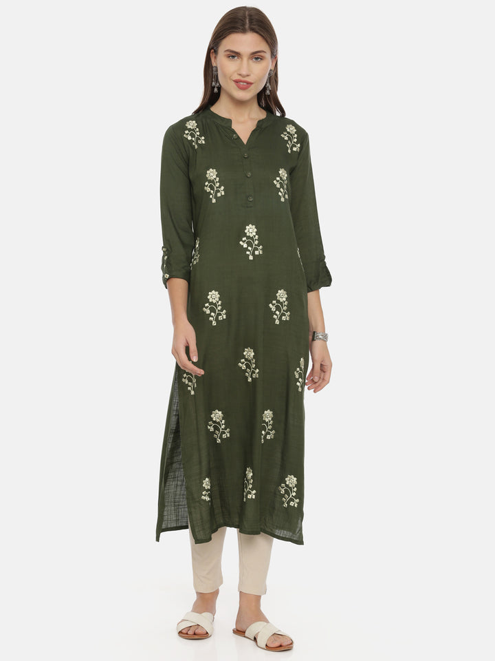 Neerus Green Rayon Embroidered Straight Kurta - front view