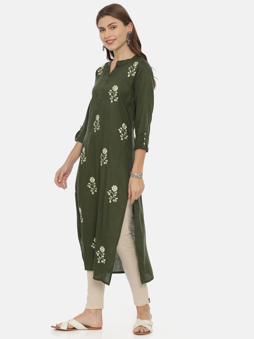 Neerus Green Rayon Embroidered Straight Kurta - side view