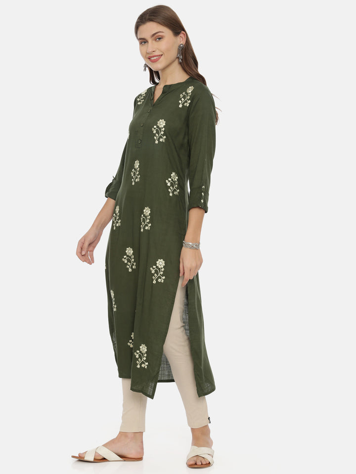 Neerus Green Rayon Embroidered Straight Kurta - side view