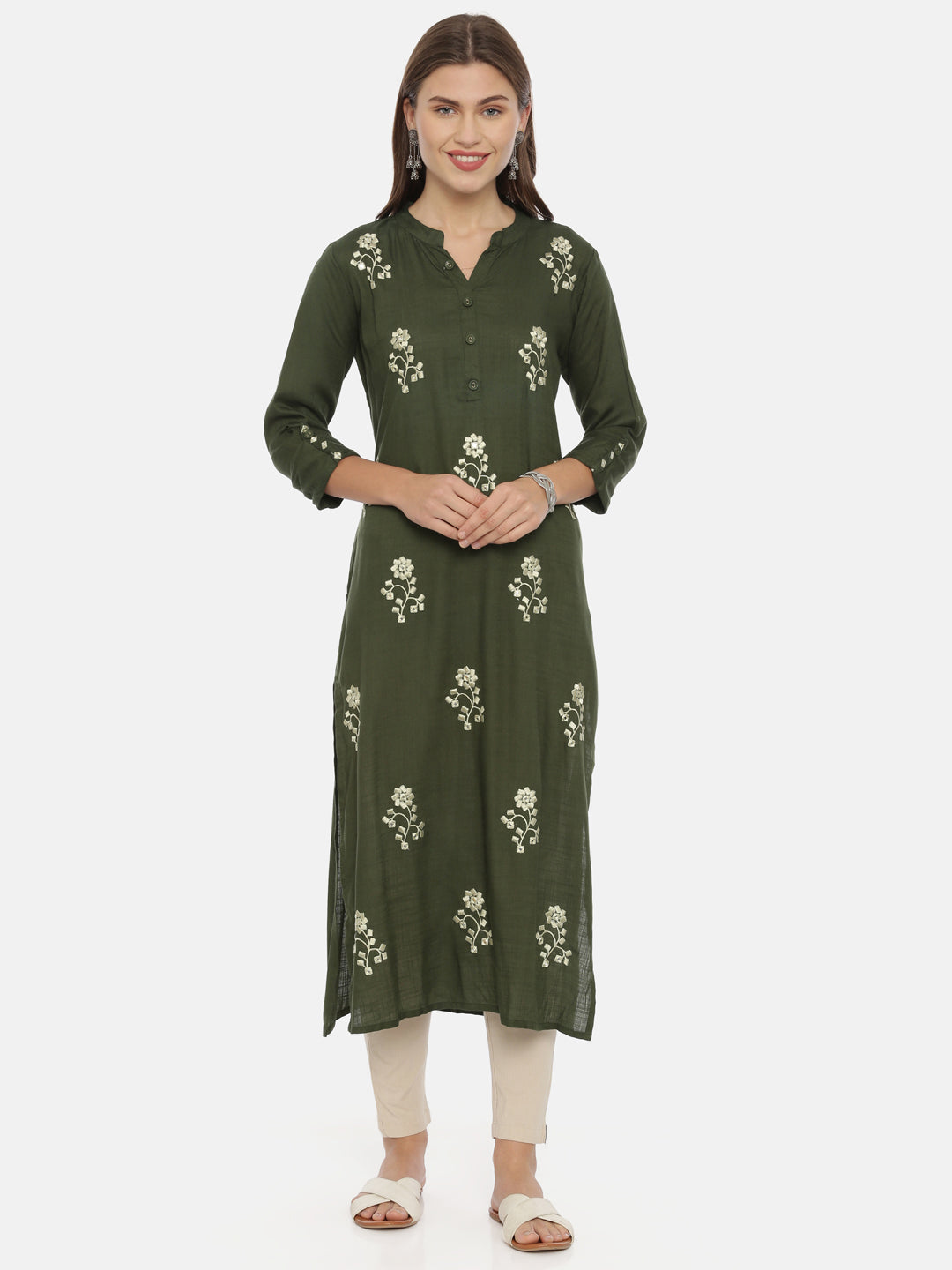 Neerus Green Rayon Embroidered Straight Kurta - detail view 3