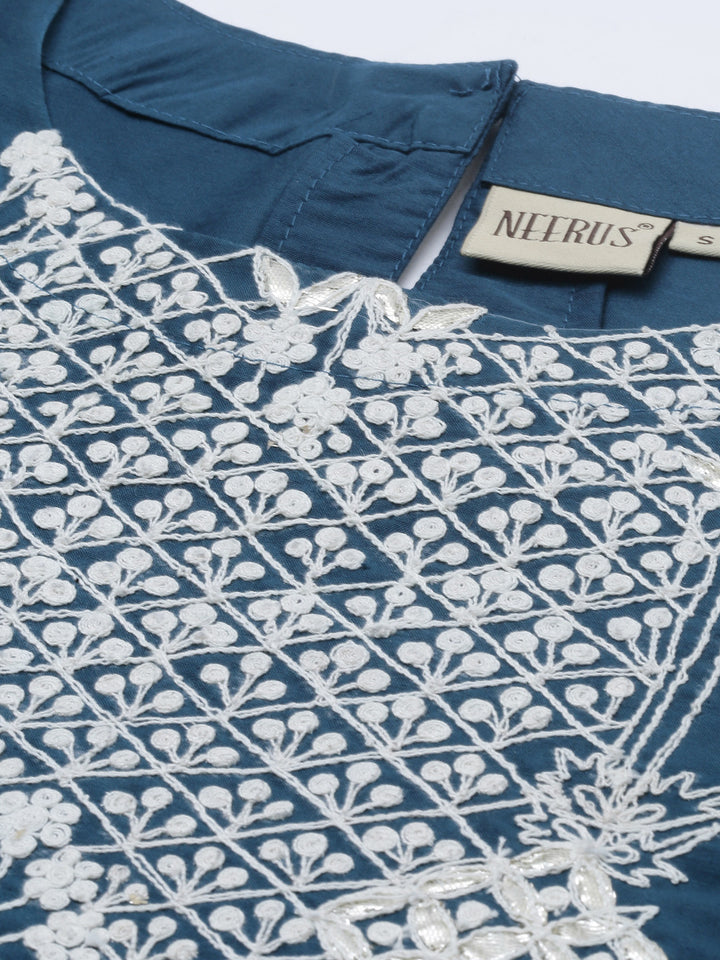 Neerus Blue Zari A Line Kurta