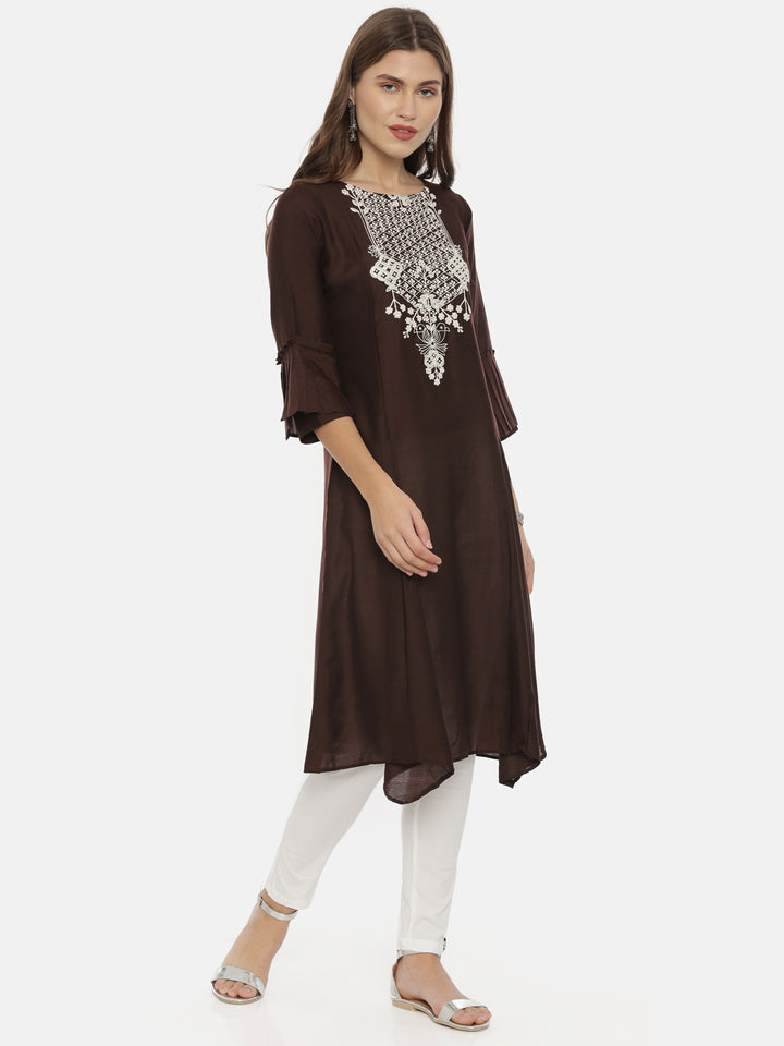 Neerus Brown muslin embroidered A-line kurta - detail view 3
