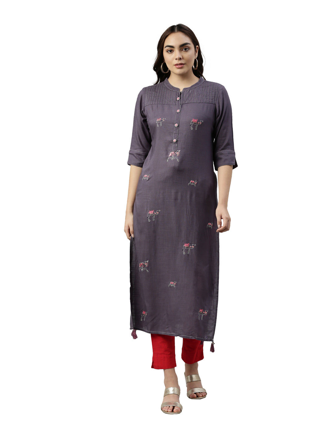 Neerus Grey rayon straight kurta - front view