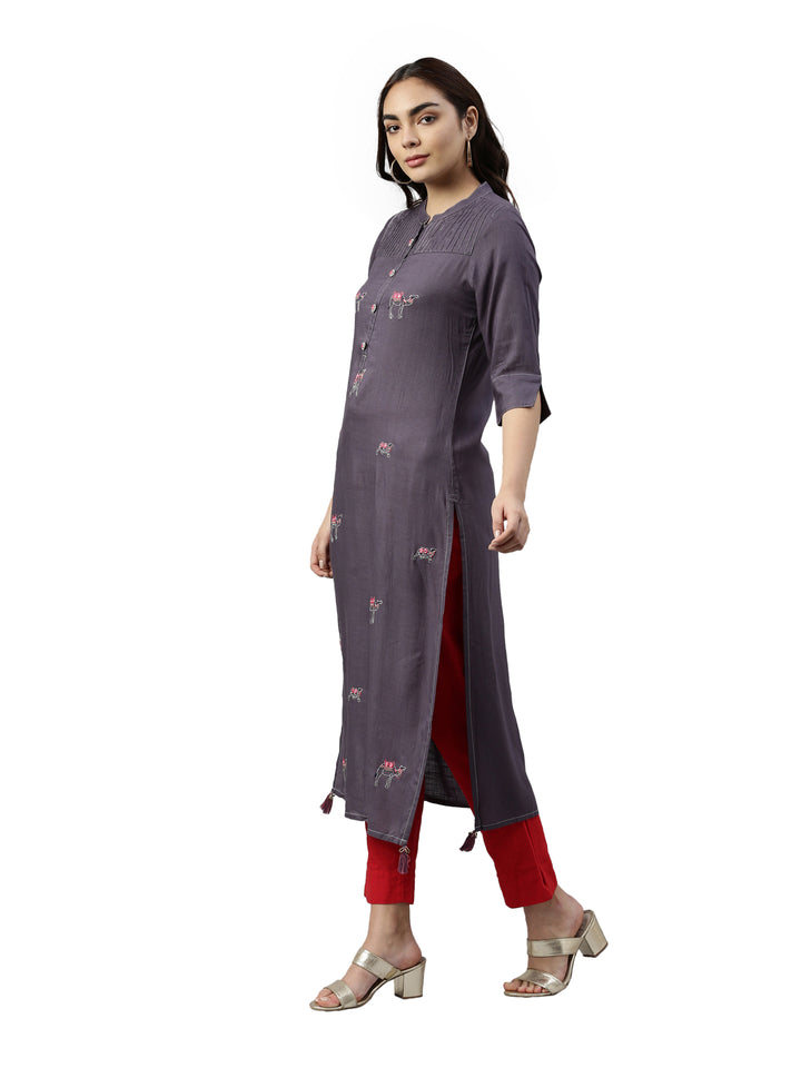 Neerus Grey rayon straight kurta - side view