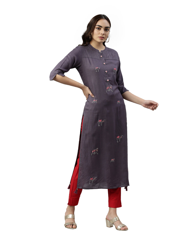 Neerus Grey rayon straight kurta - detail view 1