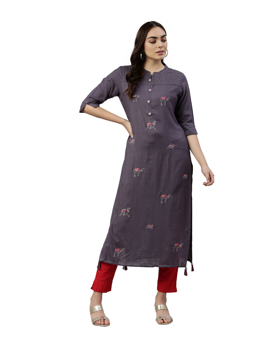 Neerus Grey rayon straight kurta - detail view 3