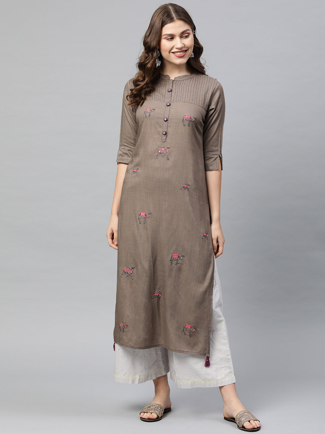 Neerus Grey rayon embroidered straight kurta - front view