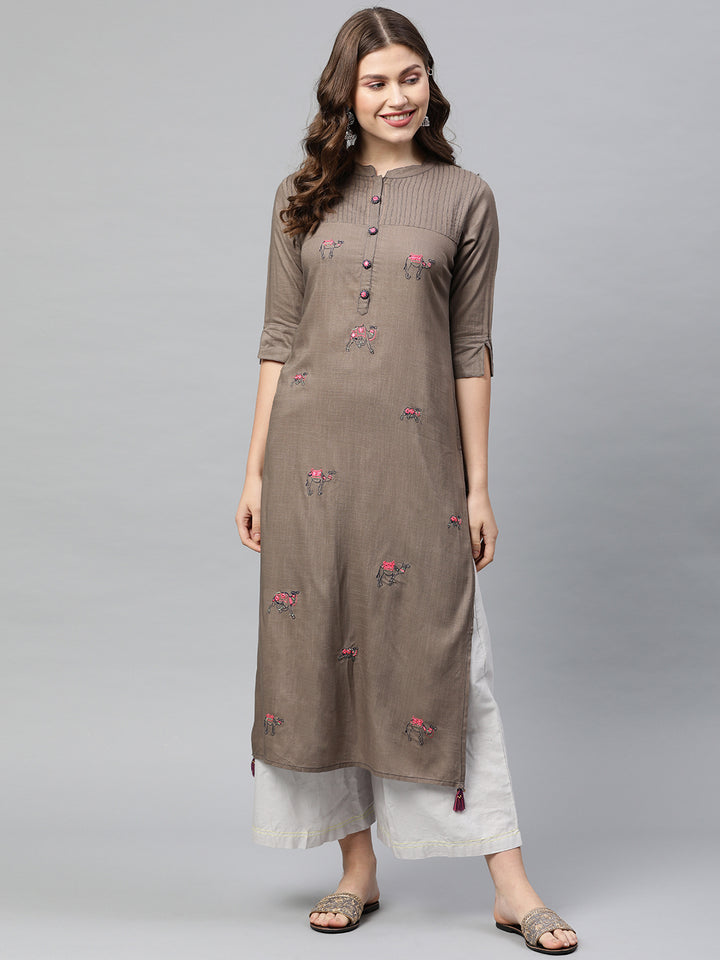 Neerus Grey rayon embroidered straight kurta - front view