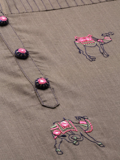 Neeru's Women Grey Quirky Embroidered Straight Kurta